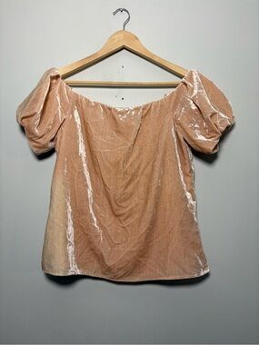 WAYF Lindon Off Shoulder Crushed Velvet Top Blush Pink Puff Sleeve S Coquette